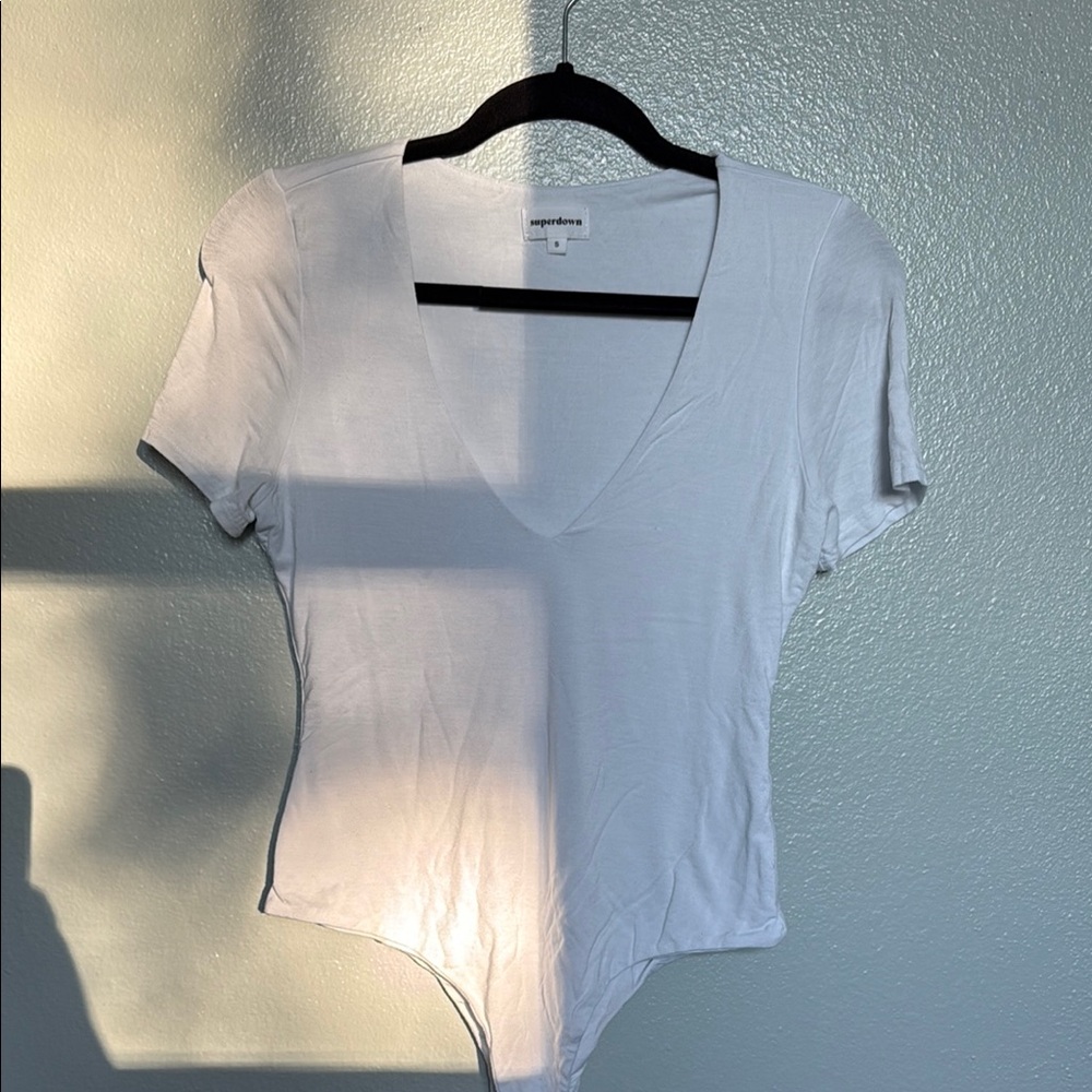 Superdown White Asymmetrical Bodysuit Short Sleeve